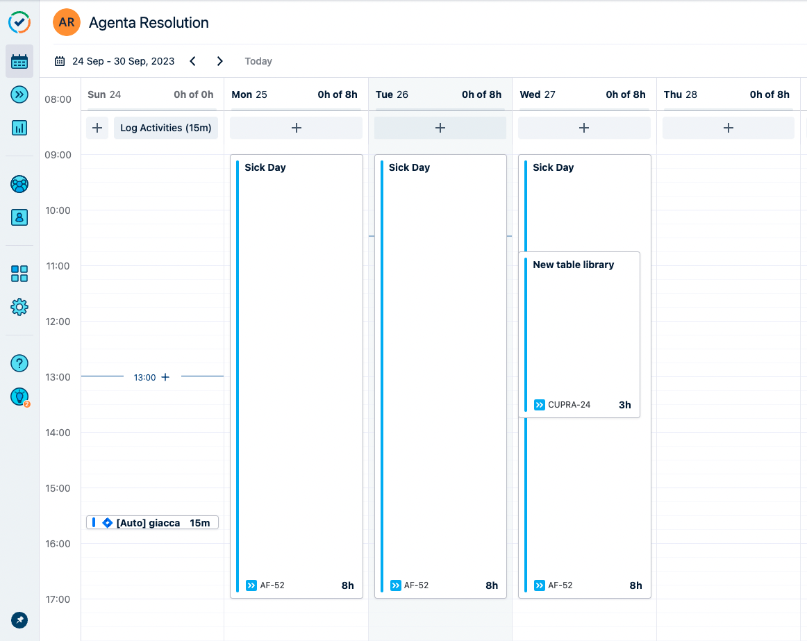 Plans in Tempo Timesheets, where a plan for sick day is overlapped with a plan for a productive issue